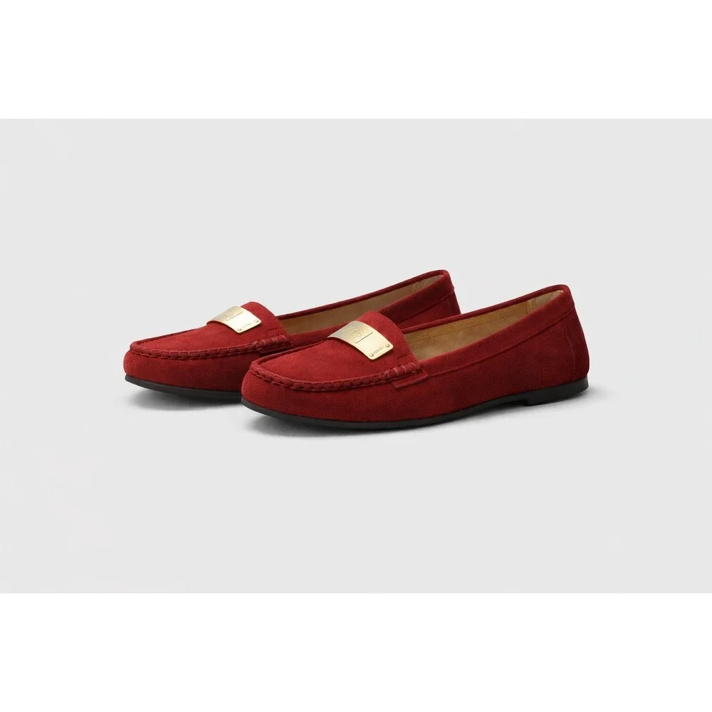 Vionic Sydney Red Suede Loafers Size 9 Orthotic Driving Moccasins Gold Hardware